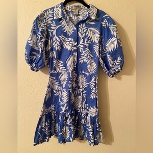 Flying Tomato blue white tropical dress shirt medium with belt button up cotton